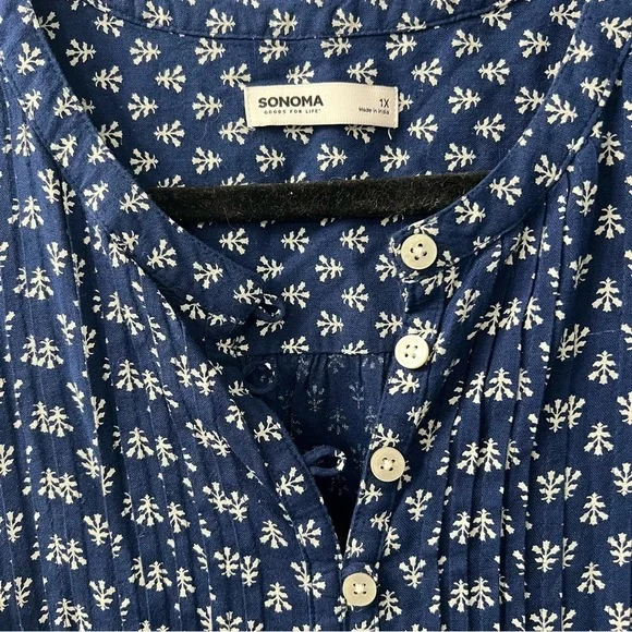 Sonoma Navy & White Floral Print Button V Neck Linen Blend Shift Dress 1X - Picture 4 of 5